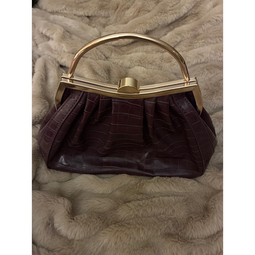 Madison West Burgundy Croc Embossed Clutch Gold Metal Handle Evening Bag Handbag